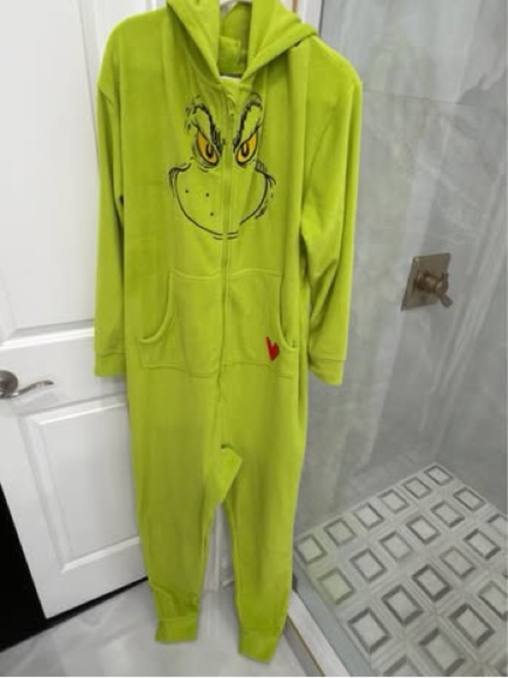 Unisex adult  Hannah Anderson  Lime Green Grinch Hooded One-Piece Pajama fleece